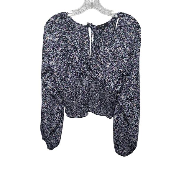 Lulus Black Purple Floral Smocked Peasant Blouse Size M Boho Crop Top - Picture 1 of 9